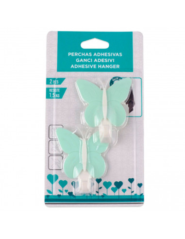 Tradineur - Pack de 2 ganchos adhesivos para pared, forma de mariposa, perchas de plástico, peso máximo 1,5 kg, aseo, cocina, 6,