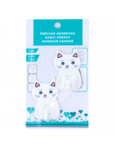 Tradineur - Pack de 2 ganchos adhesivos de pared, forma de gato, perchas de plástico, peso máximo 1,5 kg, aseo, cocina, 6,5 x 4
