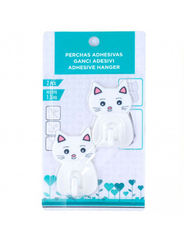 Tradineur - Pack de 2 ganchos adhesivos de pared, forma de gato, perchas de plástico, peso máximo 1,5 kg, aseo, cocina, 6,5 x 4