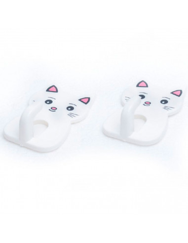 Tradineur - Pack de 2 ganchos adhesivos de pared, forma de gato, perchas de plástico, peso máximo 1,5 kg, aseo, cocina, 6,5 x 4