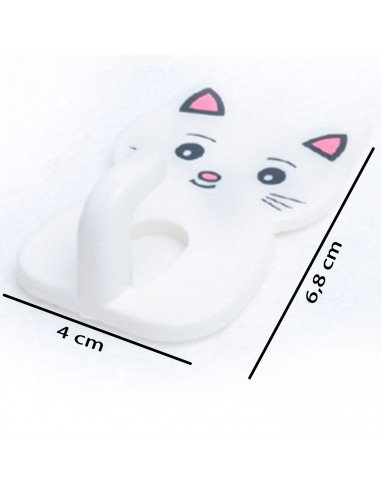 Tradineur - Pack de 2 ganchos adhesivos de pared, forma de gato, perchas de plástico, peso máximo 1,5 kg, aseo, cocina, 6,5 x 4