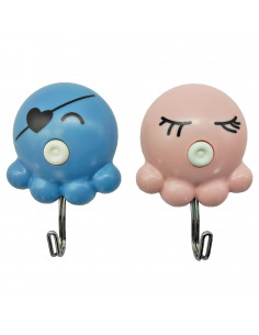 Tradineur - Pack de 2 ganchos adhesivos con forma de pulpo, perchas de plástico para pared, peso máximo 2,5 kg, aseo, cocina, 7,