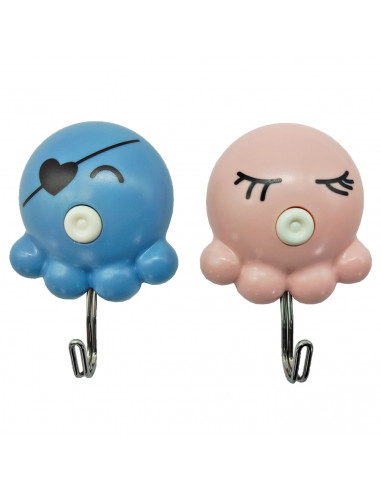 Tradineur - Pack de 2 ganchos adhesivos con forma de pulpo, perchas de plástico para pared, peso máximo 2,5 kg, aseo, cocina, 7,