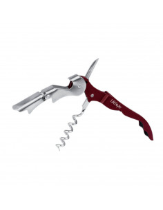 Sacacorchos de acero inox especial para camarero color granate, con varias funciones y de 12 x 2 cm. Abridor para vino, chapas..