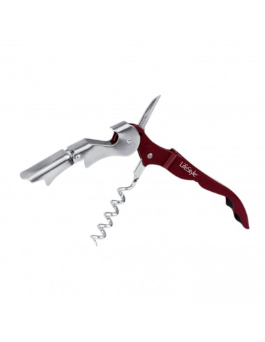 Sacacorchos de acero inox especial para camarero color granate, con varias funciones y de 12 x 2 cm. Abridor para vino, chapas..