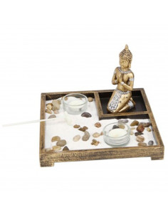 Tradineur - Jardín zen con Buda y 2 portavelas, figura de buda para meditación, relajación, regalo, incluye arena y piedras, 14