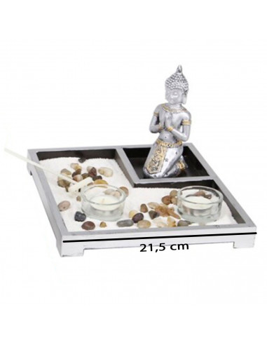 Tradineur - Jardín zen con Buda y 2 portavelas, figura de buda para meditación, relajación, regalo, incluye arena y piedras, 14