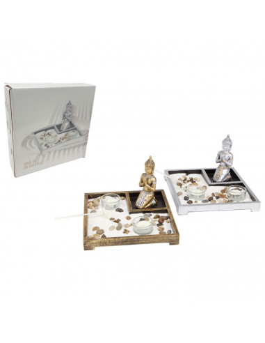 Tradineur - Jardín zen con Buda y 2 portavelas, figura de buda para meditación, relajación, regalo, incluye arena y piedras, 14