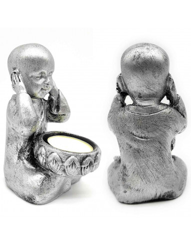 Tradineur - Figura de Buda sentado con portavelas, monje decorativo de resina con vela, regalo original, meditación, relajación,