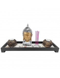Tradineur - Jardín zen con Buda, 2 portavelas e incienso, figura de buda para meditación, relajación, regalo, incluye arena y pi