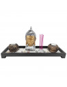 Tradineur - Jardín zen con Buda, 2 portavelas e incienso, figura de buda para meditación, relajación, regalo, incluye arena y pi