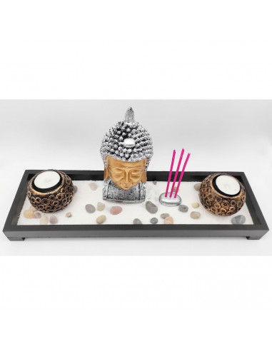 Tradineur - Jardín zen con Buda, 2 portavelas e incienso, figura de buda para meditación, relajación, regalo, incluye arena y pi