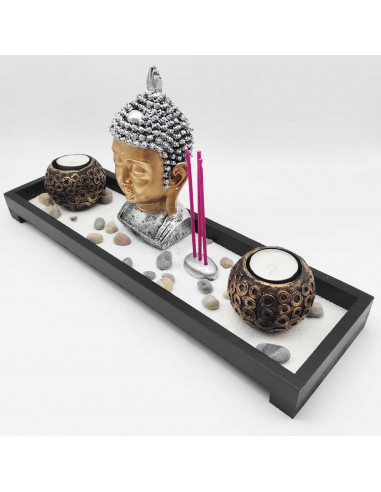 Tradineur - Jardín zen con Buda, 2 portavelas e incienso, figura de buda para meditación, relajación, regalo, incluye arena y pi