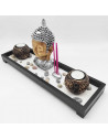 Tradineur - Jardín zen con Buda, 2 portavelas e incienso, figura de buda para meditación, relajación, regalo, incluye arena y pi
