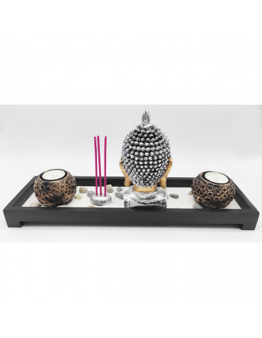 Tradineur - Jardín zen con Buda, 2 portavelas e incienso, figura de buda para meditación, relajación, regalo, incluye arena y pi