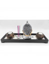 Tradineur - Jardín zen con Buda, 2 portavelas e incienso, figura de buda para meditación, relajación, regalo, incluye arena y pi