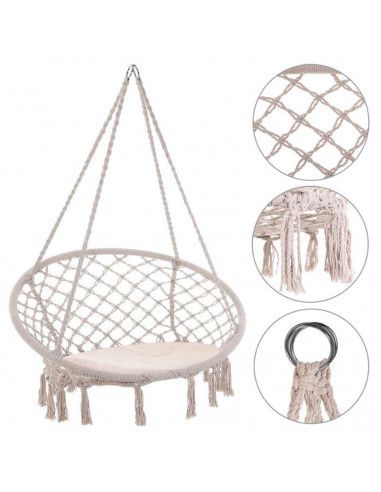 Tradineur - Silla columpio con cojín, hamaca colgante, asiento con cuerda de algodón, interior y exterior: dormitorio, patio o j