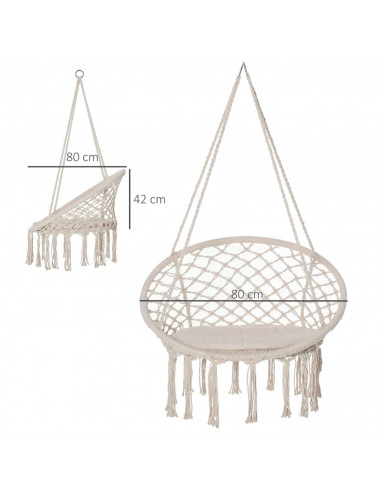 Tradineur - Silla columpio con cojín, hamaca colgante, asiento con cuerda de algodón, interior y exterior: dormitorio, patio o j