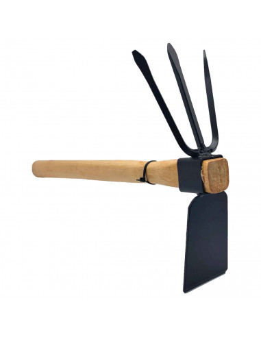 Tradineur - Azada con 3 picos y mango de madera - Fabricado en acero - Diseño ergonómico - Fácil y cómodo - Herramienta manual -