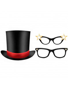 Tradineur - Kit de 10 piezas de Photocall de cine - Incluye bigotes, anteojos, labios, sombrero, corbatas y mucho más - Fiesta d