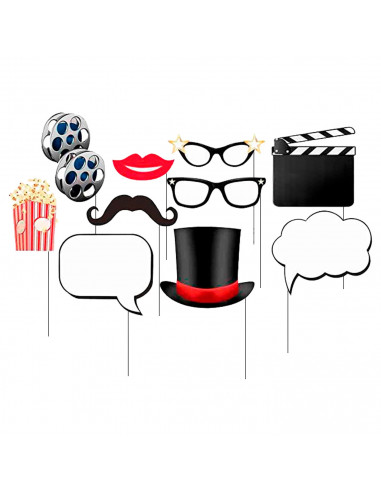 Tradineur - Kit de 10 piezas de Photocall de cine - Incluye bigotes, anteojos, labios, sombrero, corbatas y mucho más - Fiesta d