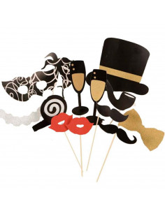 Tradineur - Kit de 12 piezas de Photocall de fiesta - Incluye bigotes, anteojos, labios, sombrero, corbatas y mucho más.