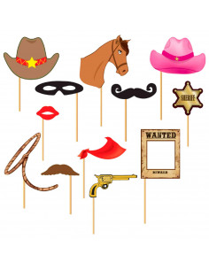Tradineur - Kit de 12 piezas de Photocall de fiesta - Incluye sombrero vaquero, placa de sheriff, cartel de "SE BUSCA", cabeza d