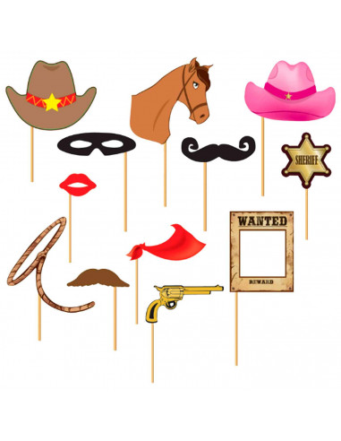 Tradineur - Kit de 12 piezas de Photocall de fiesta - Incluye sombrero vaquero, placa de sheriff, cartel de "SE BUSCA", cabeza d