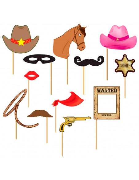 Tradineur - Kit de 12 piezas de Photocall de fiesta - Incluye sombrero vaquero, placa de sheriff, cartel de "SE BUSCA", cabeza d