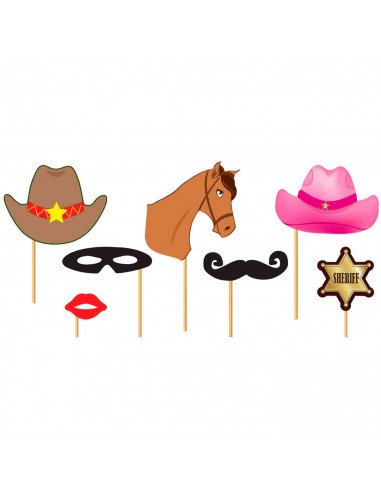 Tradineur - Kit de 12 piezas de Photocall de fiesta - Incluye sombrero vaquero, placa de sheriff, cartel de "SE BUSCA", cabeza d