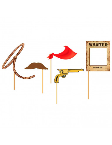 Tradineur - Kit de 12 piezas de Photocall de fiesta - Incluye sombrero vaquero, placa de sheriff, cartel de "SE BUSCA", cabeza d