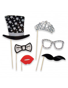 Tradineur - Kit de 6 piezas de Photocall de color plata -Incluye bigotes, corona, sombrero con estrellas, pajarita y mucho más.