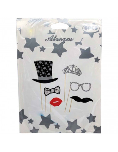 Tradineur - Kit de 6 piezas de Photocall de color plata -Incluye bigotes, corona, sombrero con estrellas, pajarita y mucho más.