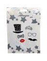 Tradineur - Kit de 6 piezas de Photocall de color plata -Incluye bigotes, corona, sombrero con estrellas, pajarita y mucho más.