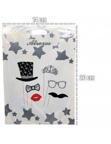 Tradineur - Kit de 6 piezas de Photocall de color plata -Incluye bigotes, corona, sombrero con estrellas, pajarita y mucho más.