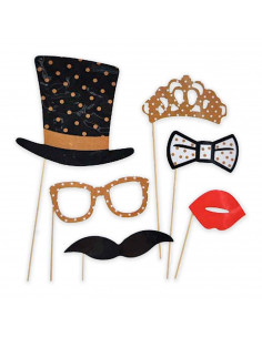 Tradineur - Kit de 6 piezas de Photocall de color oro -Incluye bigotes, corona, sombrero con estrellas, pajarita y mucho más.