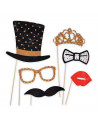Tradineur - Kit de 6 piezas de Photocall de color oro -Incluye bigotes, corona, sombrero con estrellas, pajarita y mucho más.