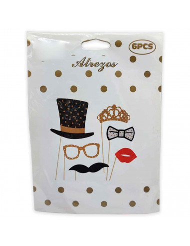 Tradineur - Kit de 6 piezas de Photocall de color oro -Incluye bigotes, corona, sombrero con estrellas, pajarita y mucho más.