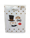 Tradineur - Kit de 6 piezas de Photocall de color oro -Incluye bigotes, corona, sombrero con estrellas, pajarita y mucho más.