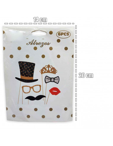 Tradineur - Kit de 6 piezas de Photocall de color oro -Incluye bigotes, corona, sombrero con estrellas, pajarita y mucho más.