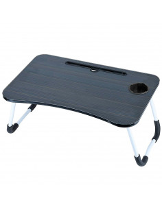 Tradineur - Mesa de cama para portátil, bandeja de MDF con patas plegables, portavasos y ranura para tablet, desayuno, sofá (Neg