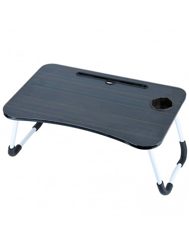 Tradineur - Mesa de cama para portátil, bandeja de MDF con patas plegables, portavasos y ranura para tablet, desayuno, sofá (Neg