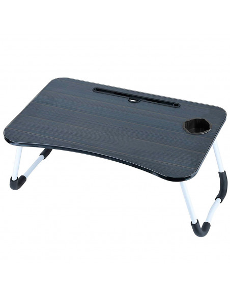 Tradineur - Mesa de cama para portátil, bandeja de MDF con patas plegables, portavasos y ranura para tablet, desayuno, sofá (Neg