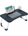 Tradineur - Mesa de cama para portátil, bandeja de MDF con patas plegables, portavasos y ranura para tablet, desayuno, sofá (Neg