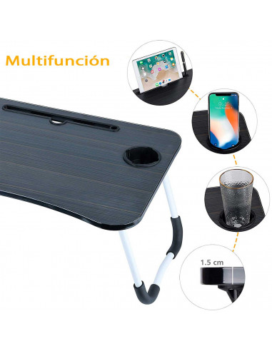 Tradineur - Mesa de cama para portátil, bandeja de MDF con patas plegables, portavasos y ranura para tablet, desayuno, sofá (Neg
