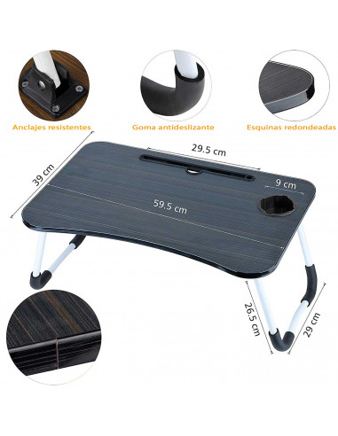 Tradineur - Mesa de cama para portátil, bandeja de MDF con patas plegables, portavasos y ranura para tablet, desayuno, sofá (Neg