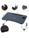 Tradineur - Mesa de cama para portátil, bandeja de MDF con patas plegables, portavasos y ranura para tablet, desayuno, sofá (Neg