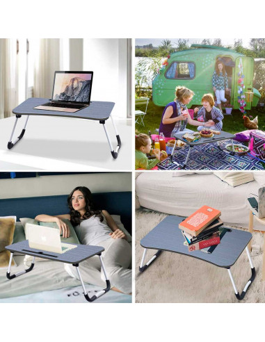 Tradineur - Mesa de cama para portátil, bandeja de MDF con patas plegables, portavasos y ranura para tablet, desayuno, sofá (Neg