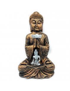 Tradineur - Figura de Buda sentado con mini buda, estatua decorativa de resina, regalo original, meditación, relajación, 33 x 20