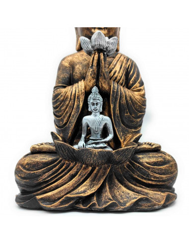 Tradineur - Figura de Buda sentado con mini buda, estatua decorativa de resina, regalo original, meditación, relajación, 33 x 20